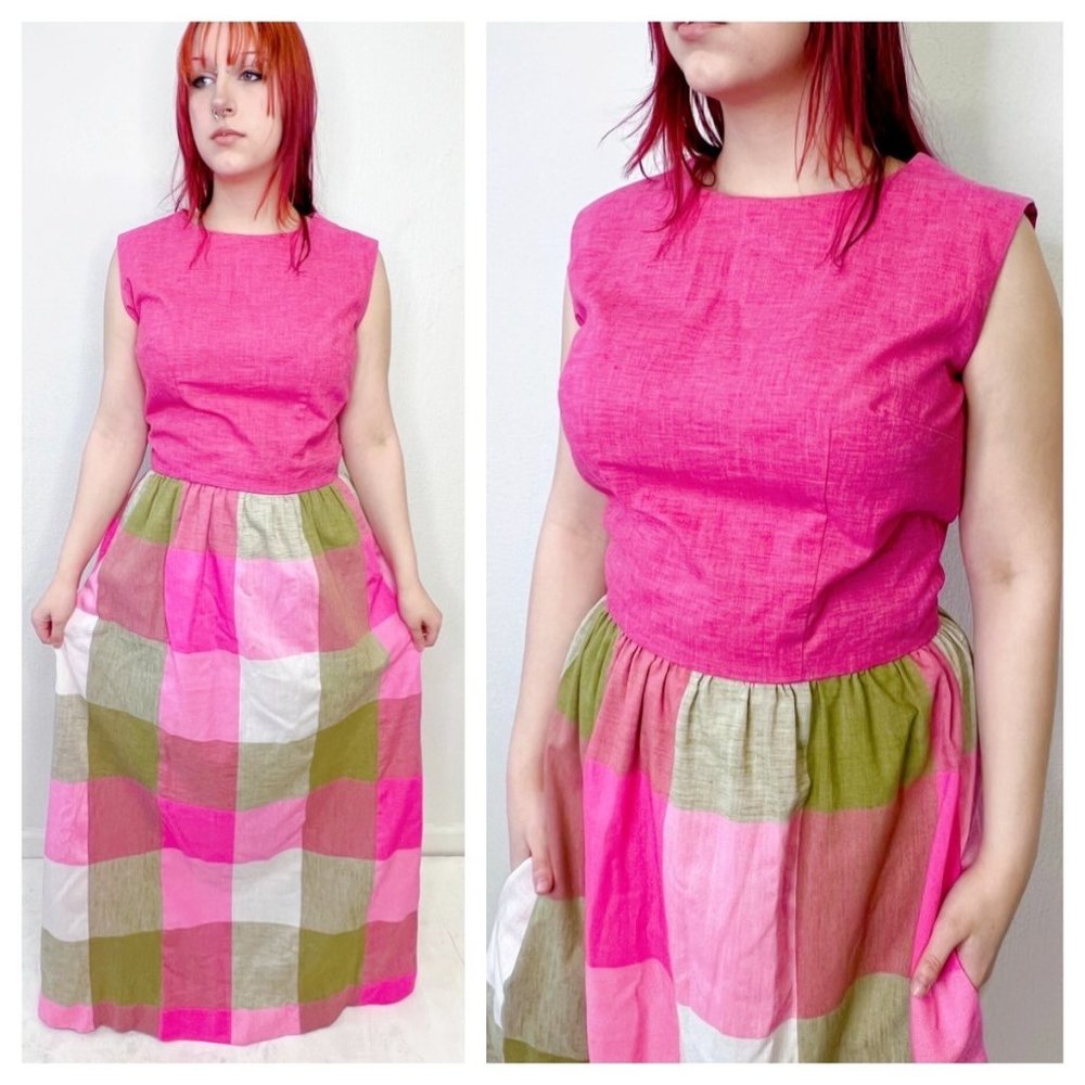 Vintage 70s Pink Checkered Maxi Long Hostess Dress M Medium Party Festival